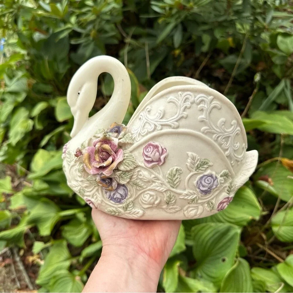 Vintage Ceramic Swan Duck Planter Pot Cottagecore